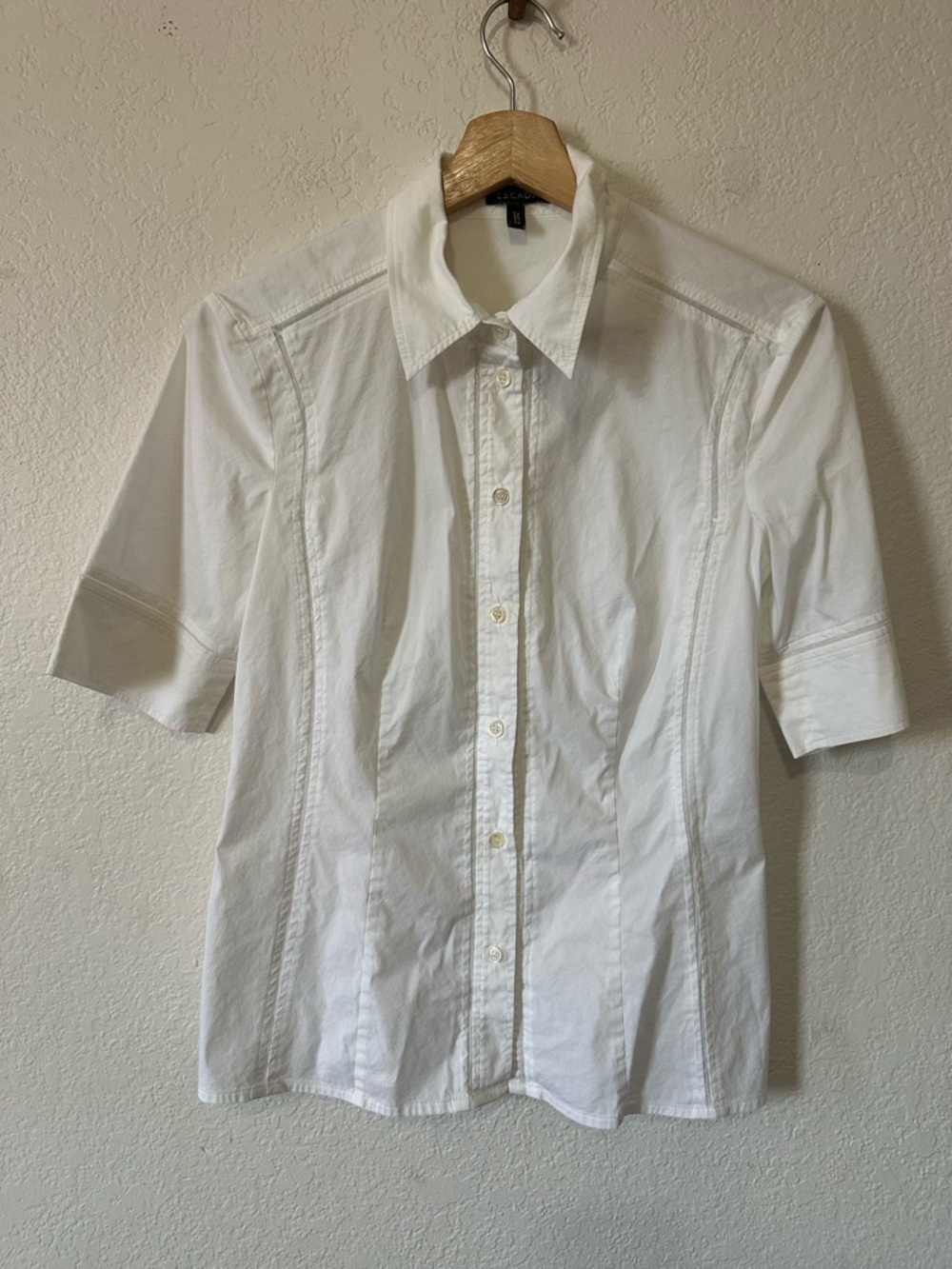 Escada White Short-Sleeve Button Down Crochet Detail Shirt - Size 36 / Small